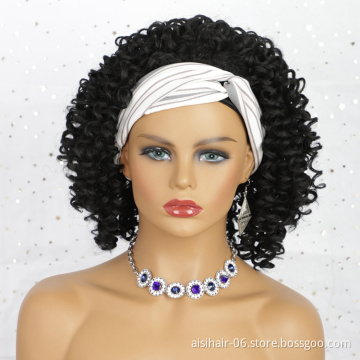 Curly Afro Heat Resistant Natural Short Wavy Attached Adjustable Headband Bobo Cheap Fiber Synthetic Woman Hair Wigs